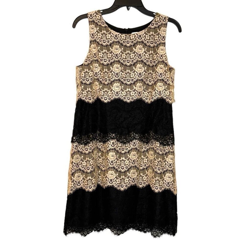 Jessica Simpson Layered Lace Sleeveless Scalloped Nude Black Shift Dress Size 4